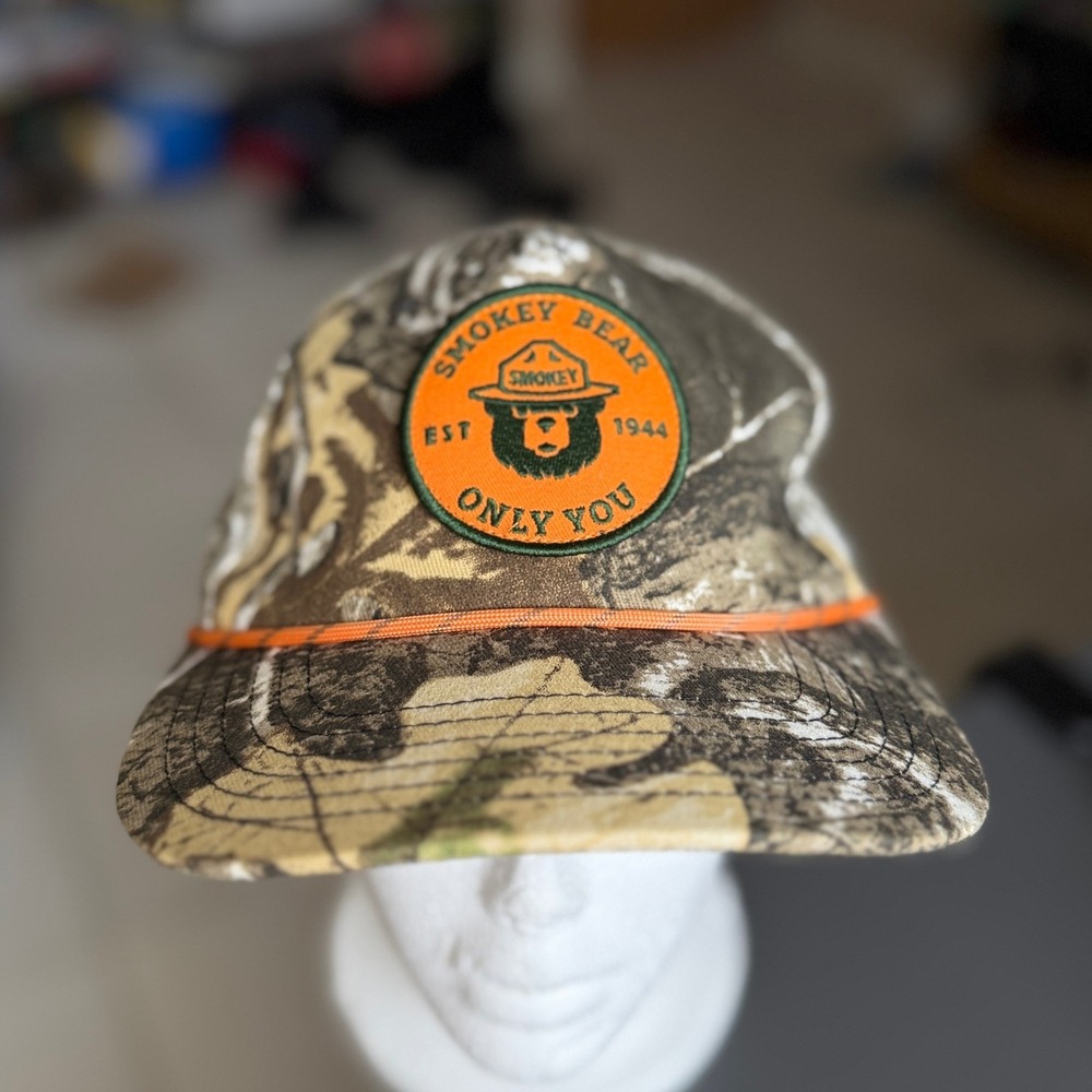 Smokey Bear Snapback Hat Mens OSFM Camo Orange Rope Patch Only You Logo Cap